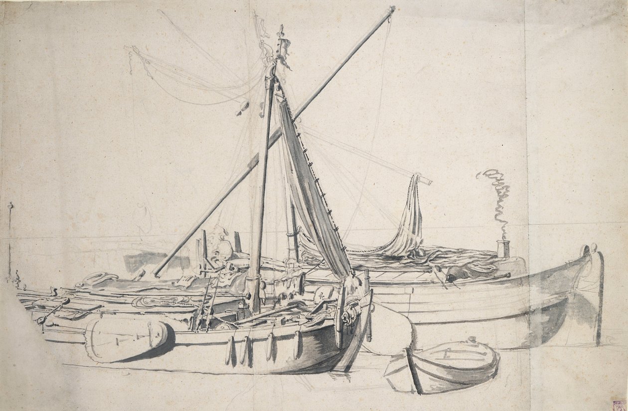 Studie af en damlooper og en smalschip, der ligger ved siden af hinanden, ca. 1665 (grafit, grå vask) af Willem van de the Elder Velde