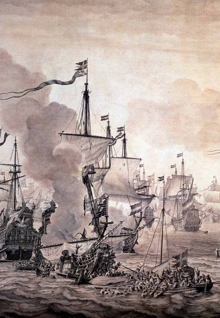 Slaget ved Øresund mellem den hollandske og den svenske flåde, 8. november 1658. Detalje - Olie- og blækmaleri af Willem van de the Elder Velde