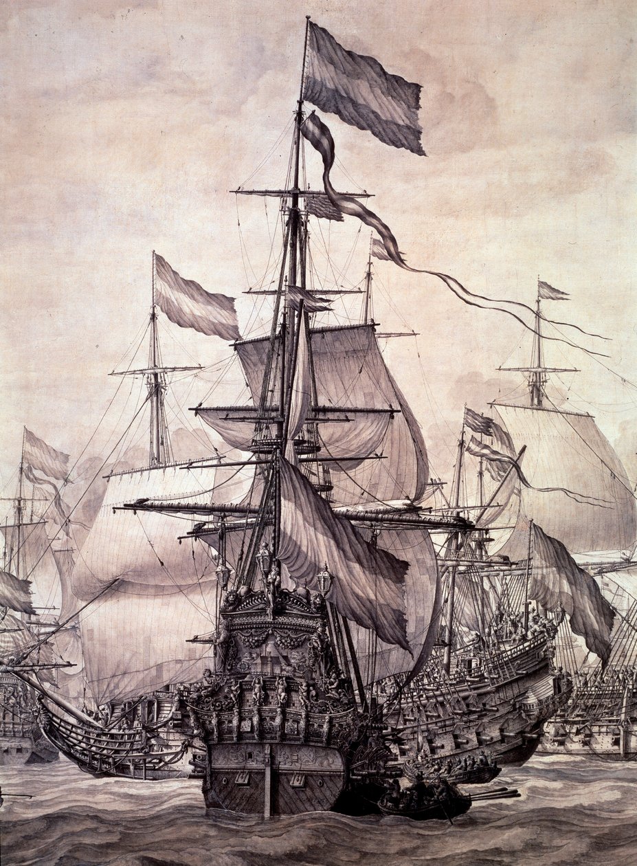 Den hollandske flåde i 1672. Detalje - olie på lærred af Willem van de the Elder Velde