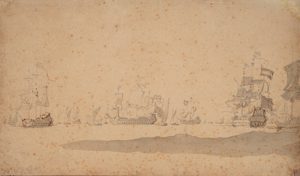 Den hollandske flåde ligger til, sandsynligvis i maj 1672, ca. 1672 (grafit, gråvask) af Willem van de the Elder Velde