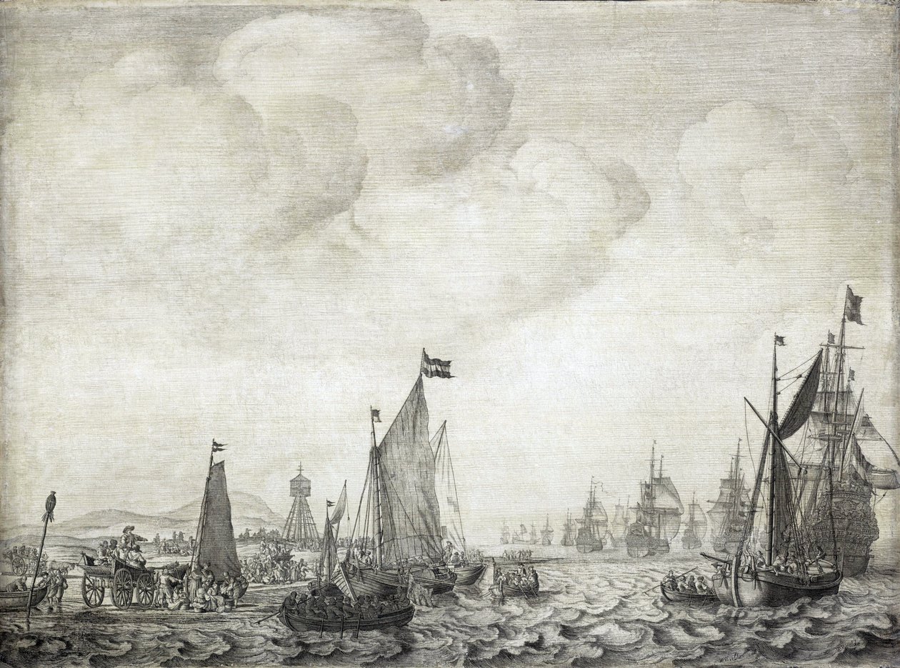 Handelsskibe til Orienten og deres eskorte forlader Vlie (eller Vliestroom), søvejen mellem øerne Vlieland og Treschelling (Holland), 9. juni 1645 af Willem van de the Elder Velde