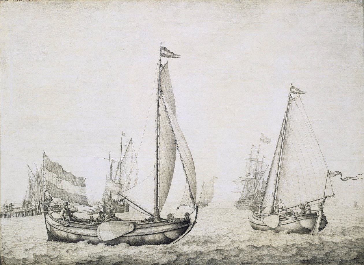 To hollandske skibe ved starten, sandsynligvis i Amsterdams havn (Holland). Grisaille på træ, ca. 1660, af Willem van de Velde (1611-1693). af Willem van de the Elder Velde