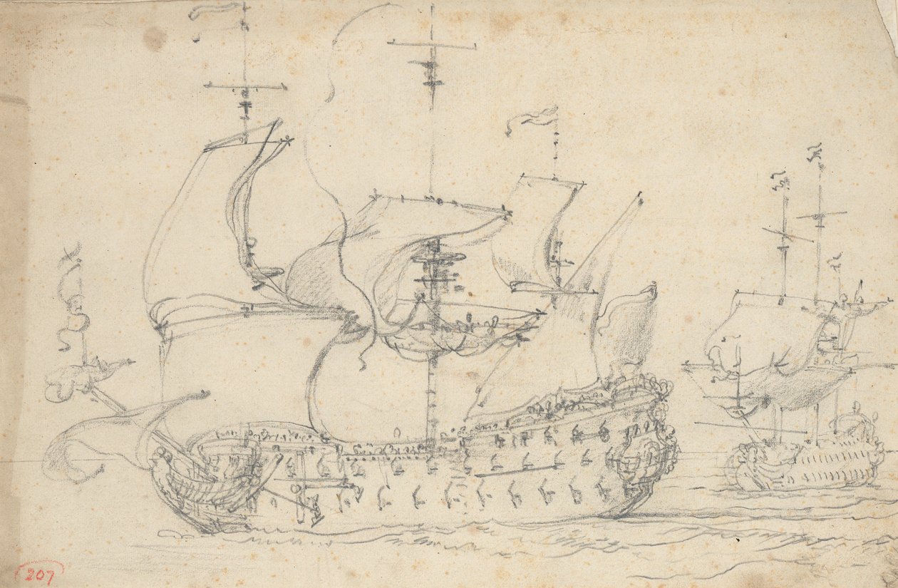 To engelske tredjeklasser på vej, ca. 1675 (blyant) af Willem van de the Elder Velde