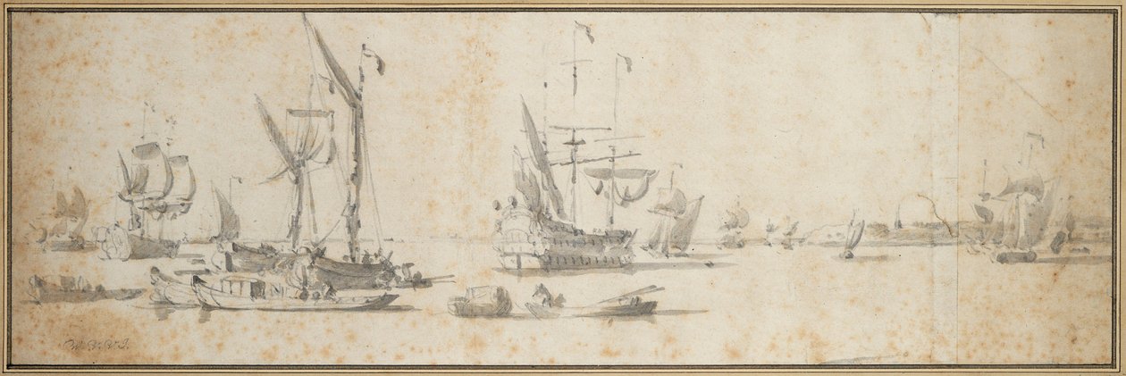 To hunde og et skib for anker i en havn, ca. 1681 (grafit, gråvask) af Willem van de the Elder Velde