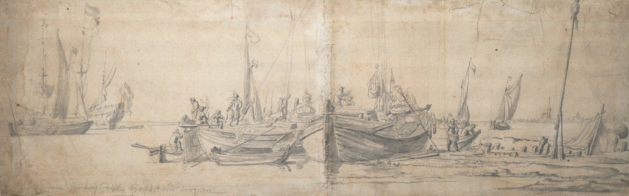To kajakker på land for enden af en hård, ca. 1643 (grafit, grå vask) af Willem van de the Elder Velde