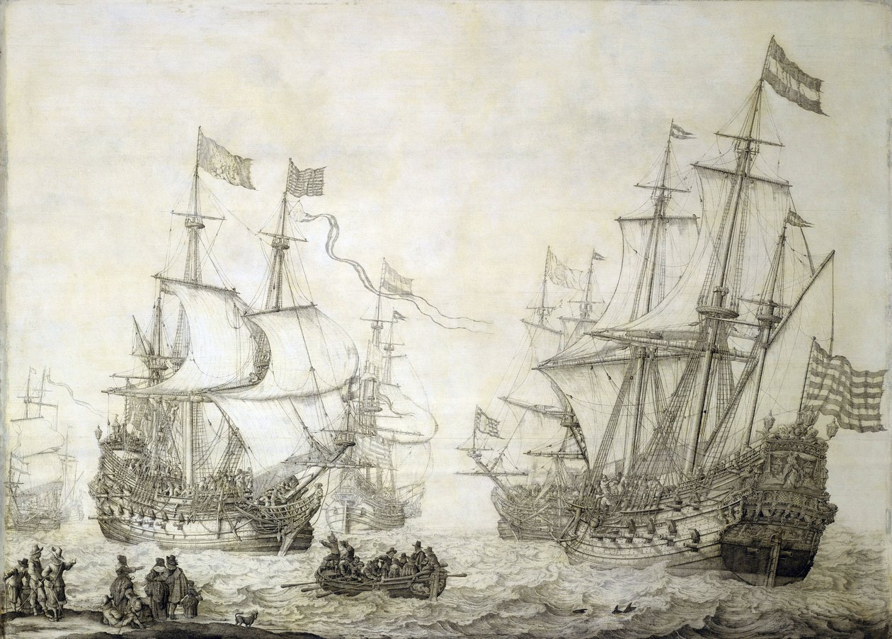 To handelsskibe fra det hollandske ostindiske kompagni forlader kysten i rolig vind. Grisaille på træ af Willem van de the Elder Velde