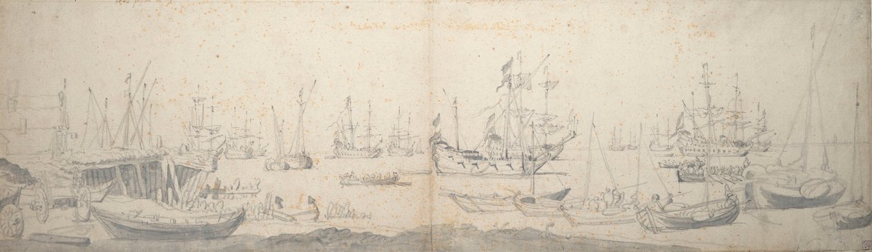 Weyschuits, en kaag og hollandsk krigsskib i Texel af Willem van de the Elder Velde