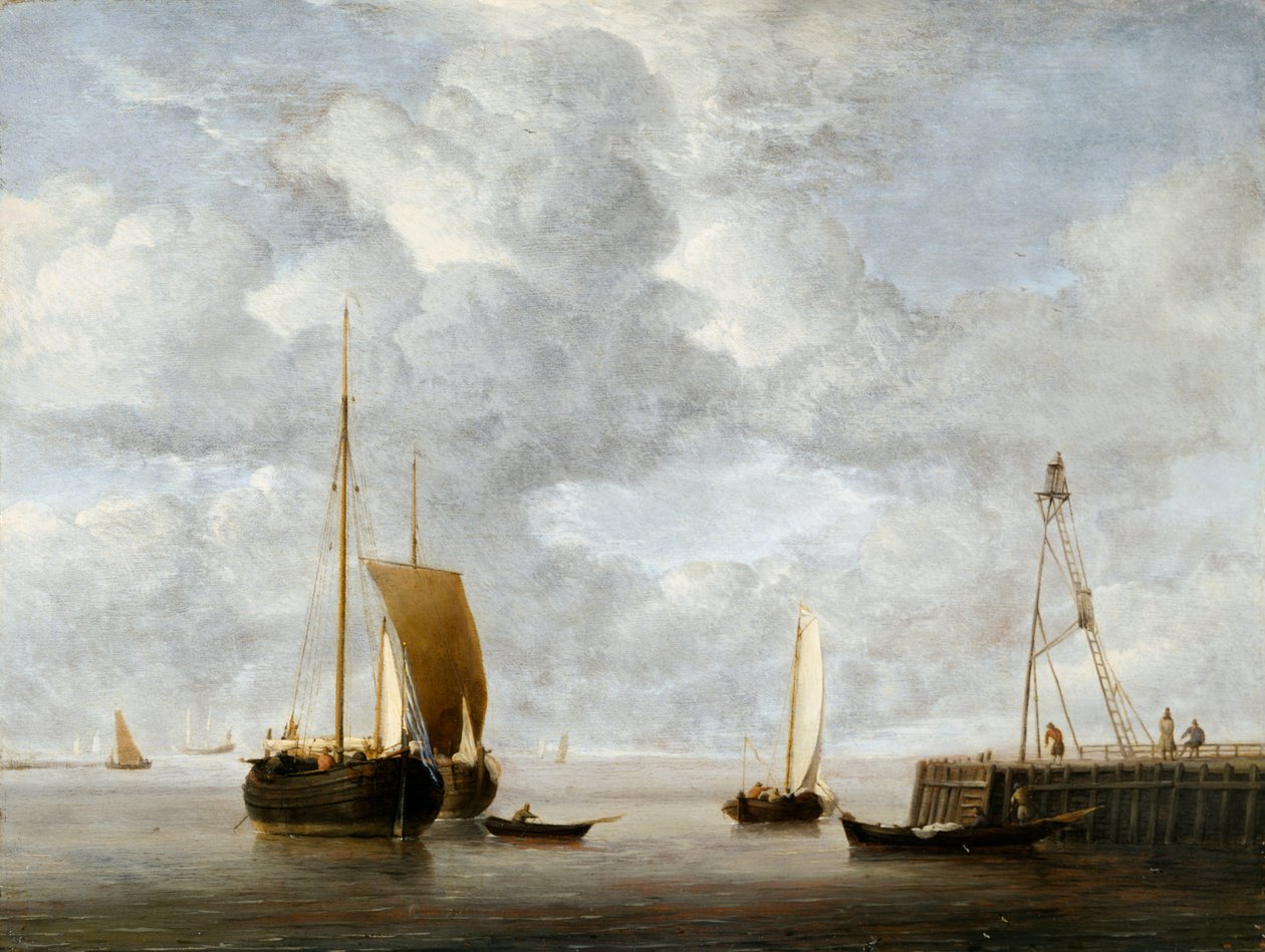En hollandsk Hoeker ved Anker nær en Mole ca. 1665 (olie på panel) af Willem van de Velde the Younger