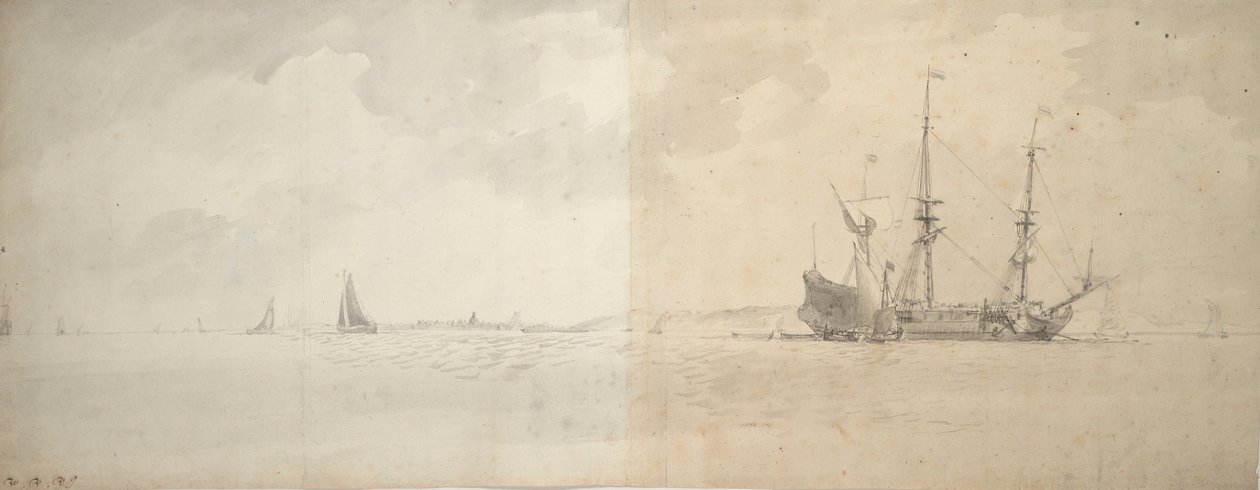 En hollandsk krigsmaskine for anker, ca. 1666 (grafit) af Willem van de Velde the Younger