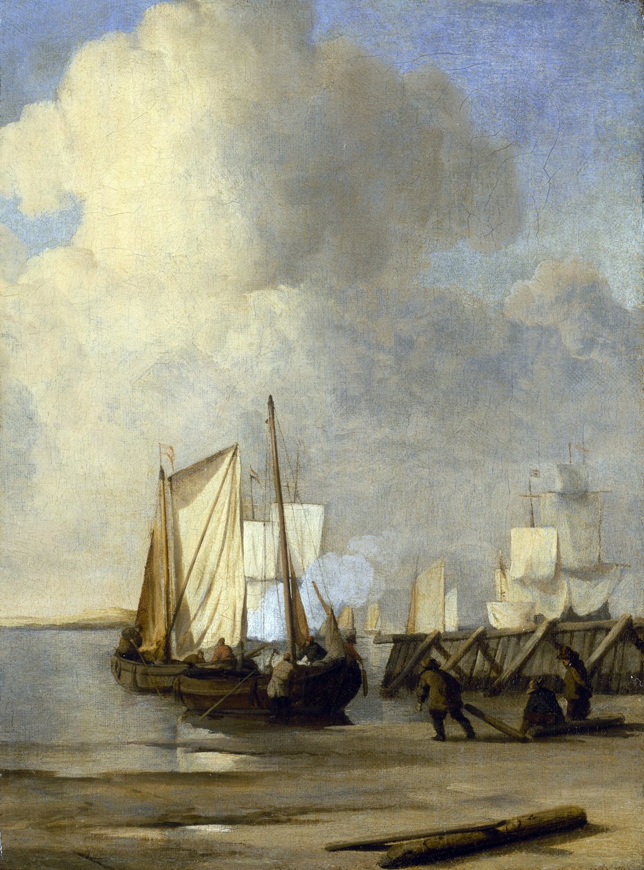 En Kaag på kysten, en hollandsk båd, der bruges til sejlads på indre vandveje. Olie på lærred af Willem van de Velde the Younger