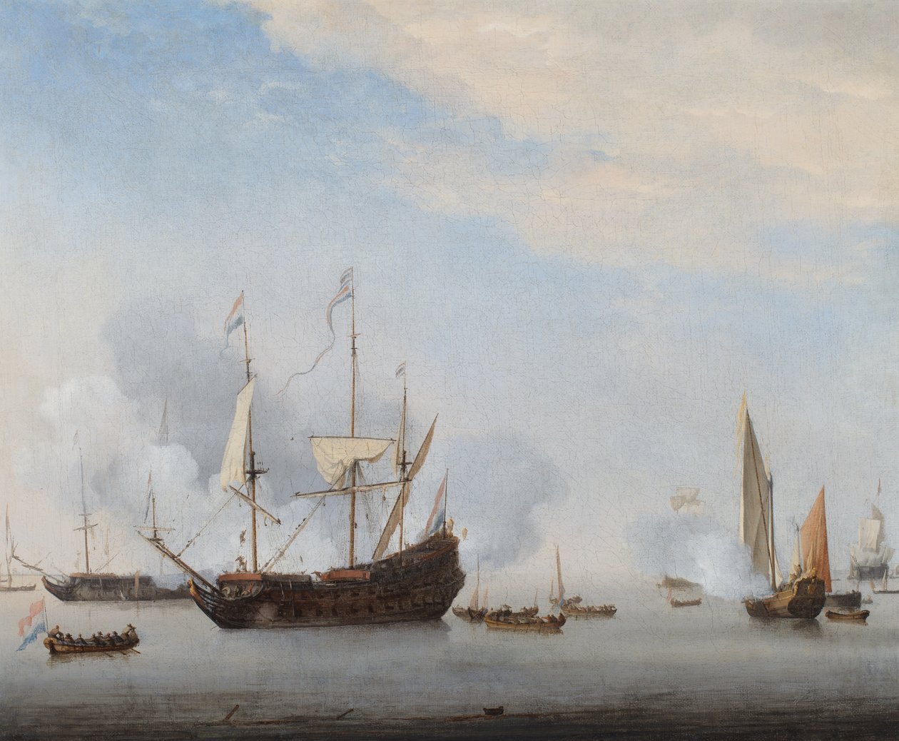 En krigsmand affyrer en salut, andre skibe i nærheden (olie på lærred) af Willem van de the Younger Velde