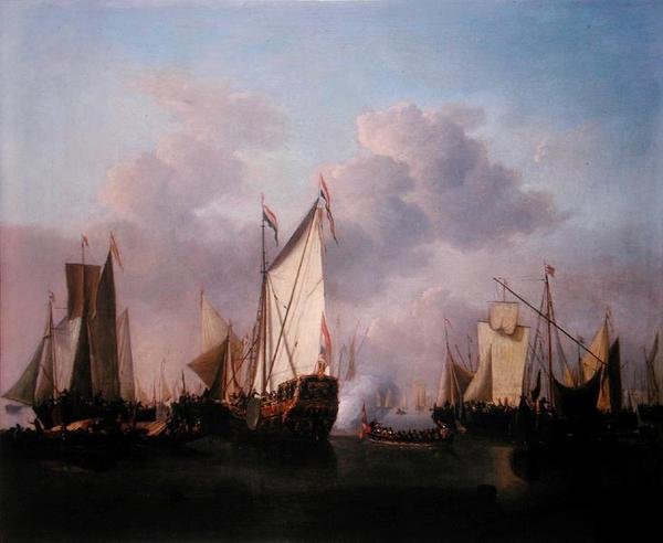 En statsyacht og andre fartøjer i en meget let luft, ca. 1655 (olie på lærred) af Willem van de Velde the Younger