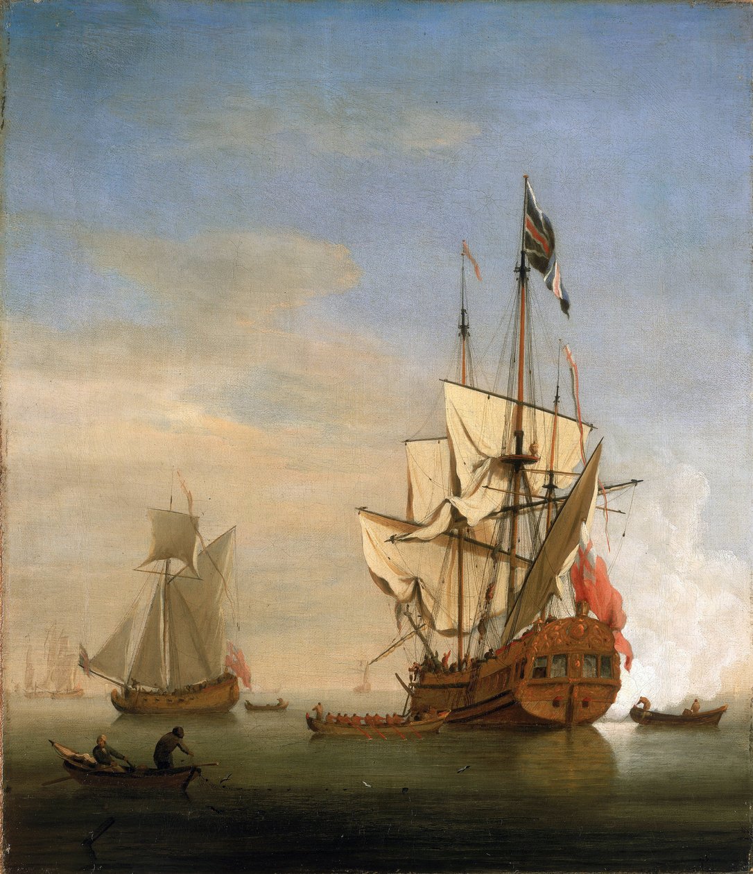 En sixth-rate (sjette rate), et lille britisk krigsskib, affyrer kanonen til hilsen. Olie på lærred af Willem van de Velde the Younger