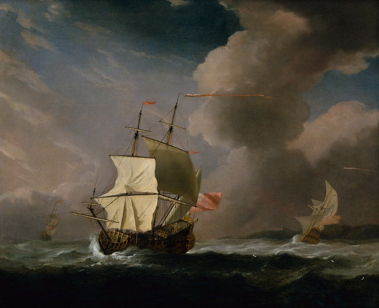 En engelsk todækker i en stærk vind med et andet skib i baggrunden (olie på lærred) af Willem van de Velde the Younger