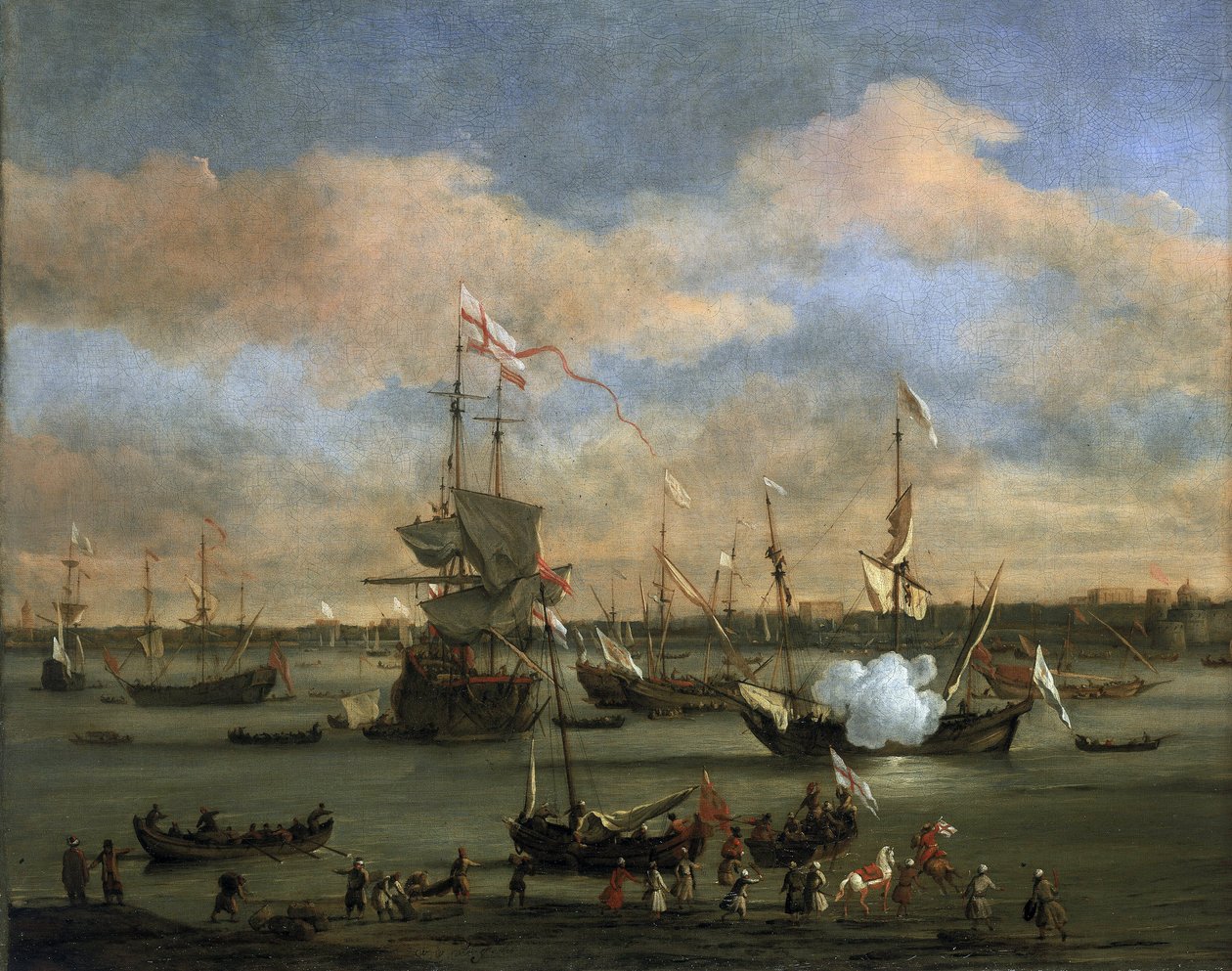 Britisk handelsskib i en havn i Middelhavet. Olie på lærred af Willem van de Velde the Younger