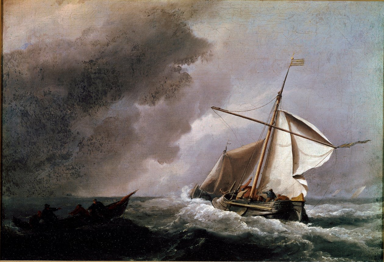 Hollandsk skib, der sænker sejl og venter på en redningsbåd Maleri af Willem Van de Velde den unge (1633-1707) 1660 Søn. 23,2x33,2 cm London, Nationalgalleriet af Willem van de Velde the Younger