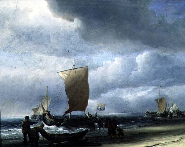 Fiskerbåde kommer i land (olie på lærred) af Willem van de Velde the Younger
