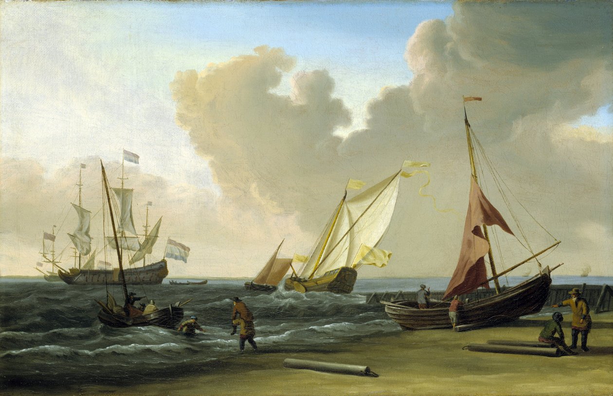 Fiskerbåd, der trækker sine net på stranden i vinden, på den hollandske kyst. Olie på lærred af Willem van de Velde the Younger