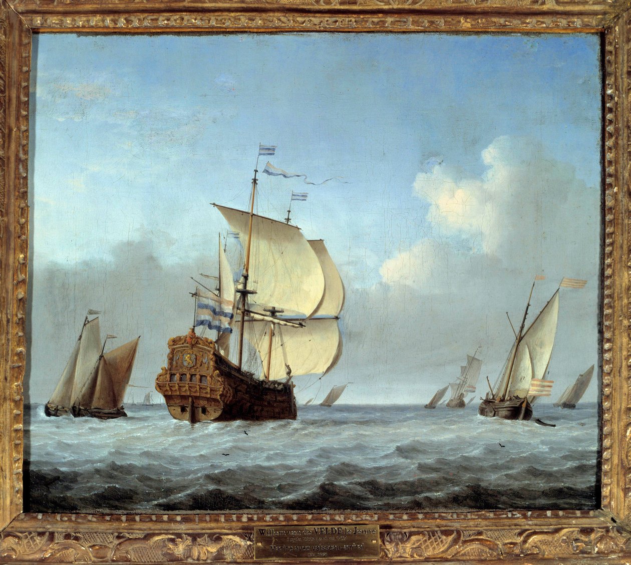 Marine med flagskib Maleri af Willem Van de Velde II le Jeune (1633-1707) 1600-tallet søn. 0,35x0,42 m af Willem van de Velde the Younger