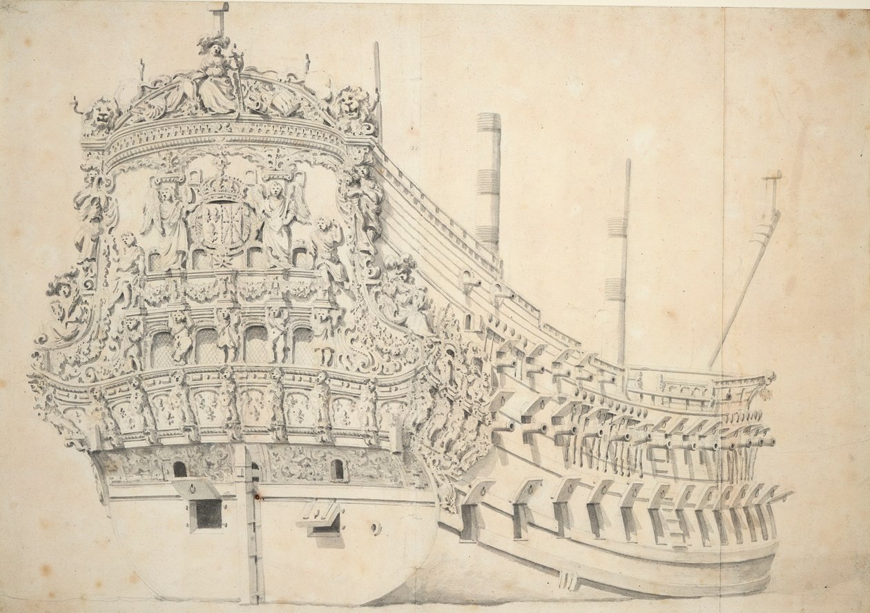 Portræt af en fransk todækker. Bygget i Holland 1666-1667, ca. 1667 (grafit, gråvask) af Willem van de Velde the Younger