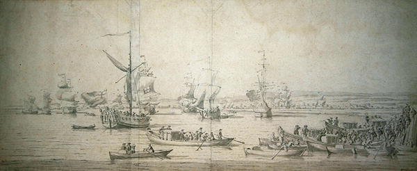 Ankomsten af James, hertug af York, på Royal Yacht i Chatham, for at søsætte det førsteklasses slagskib 