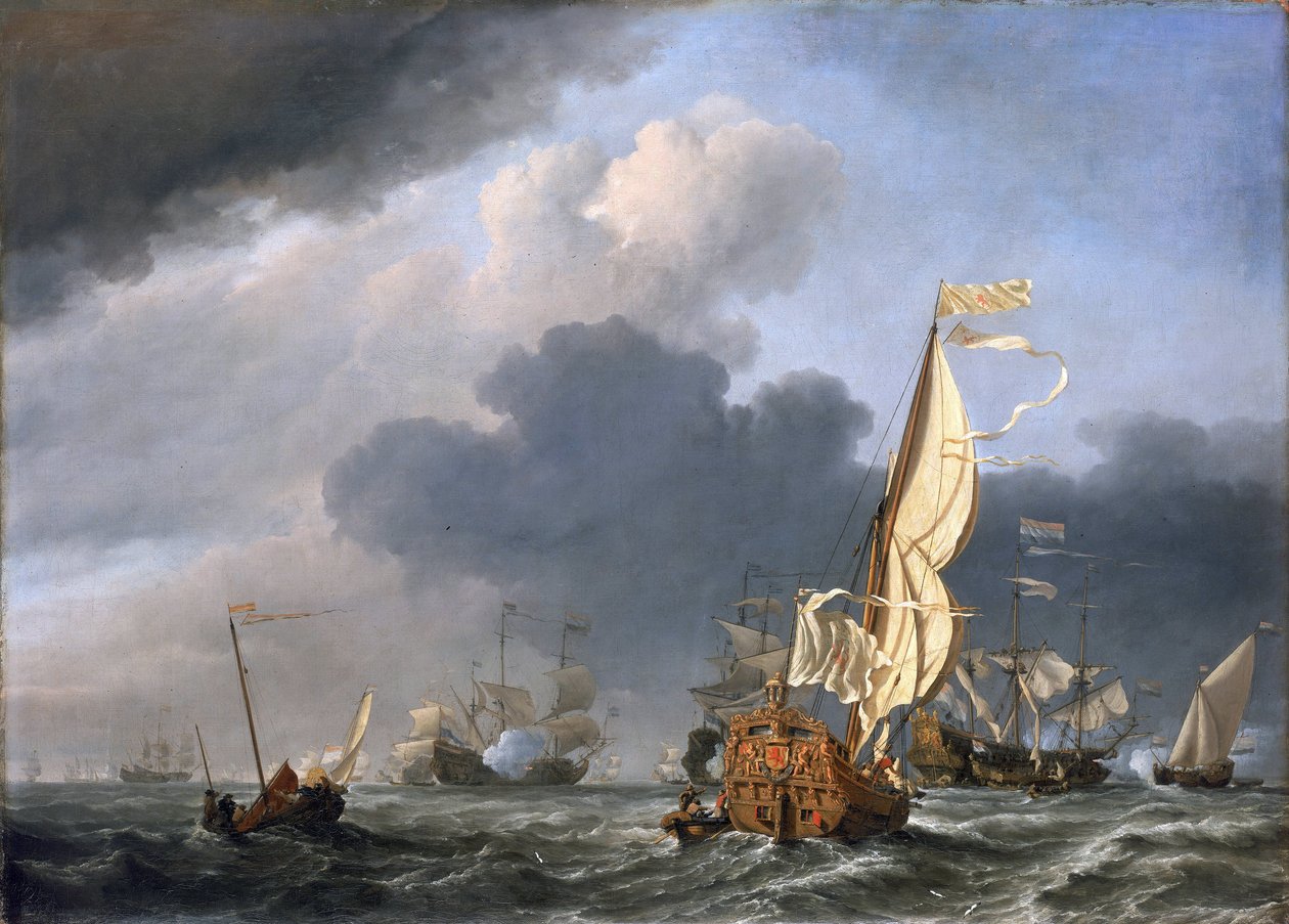 Yacht i stærk vind, der forsøger at slutte sig til en gruppe hollandske skibe, sandsynligvis samlingen af den hollandske flåde ud for Texel (Holland) i 1672 af Willem van de Velde the Younger
