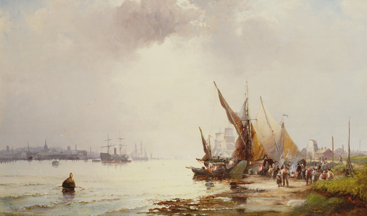 Fiskere ved kysten i en rolig flodmunding ved daggry, 1800-tallet af William Anslow Thornley
