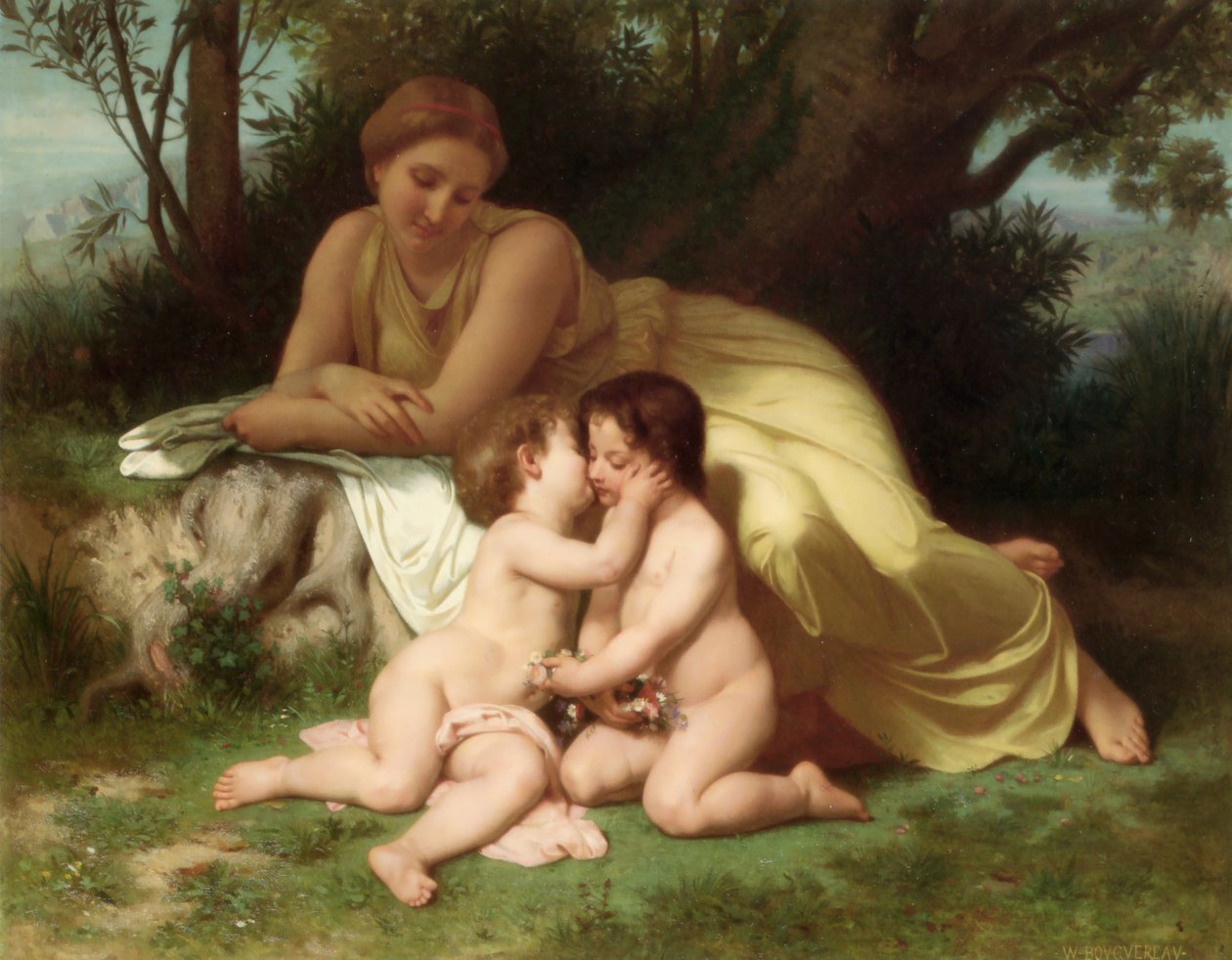 Ung kvinde overvejer to omfavnende børn (1861) af William Adolphe Bouguereau