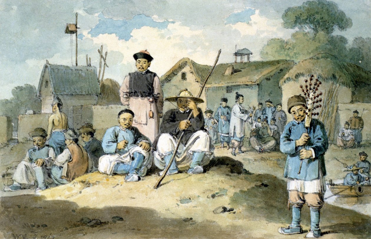 En gruppe kinesere på bredden af en flod, der ser Earl Macartneys ambassade passere, 1793 af William Alexander