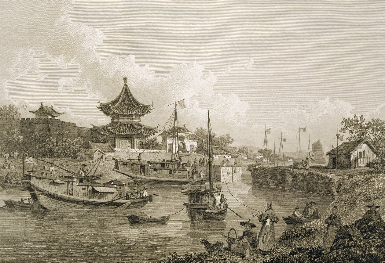 Kinesiske pramme fra ambassaden, der passerer gennem en sluse på Canal Grande, indgraveret af Benjamin Thomas Pouncy (fl.1772-99) pub. af G. Nicol, 1796 af William Alexander