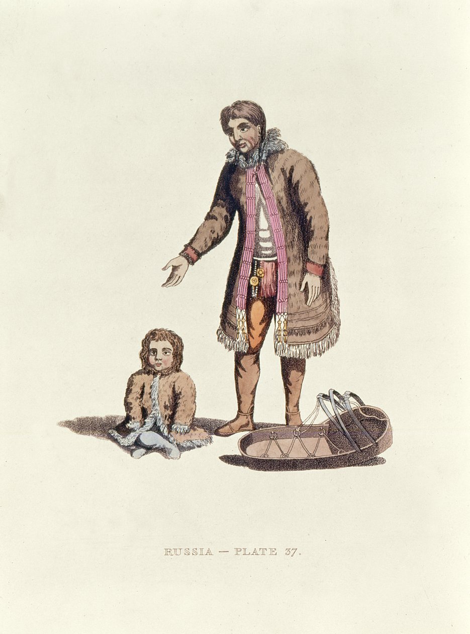 Samojedkvinde med sin baby og en vugge fra Dress of the Russians, 1814 af William Alexander
