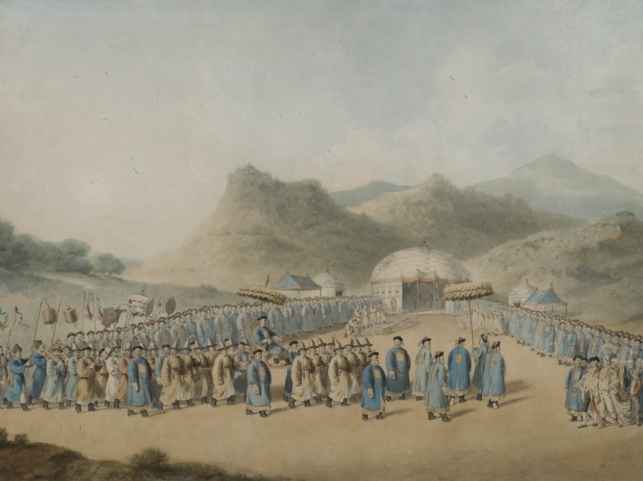 Den kinesiske kejsers ankomst til sit telt i Tartariet for at modtage den britiske ambassadør, 1799 (wc på papir) af William Alexander