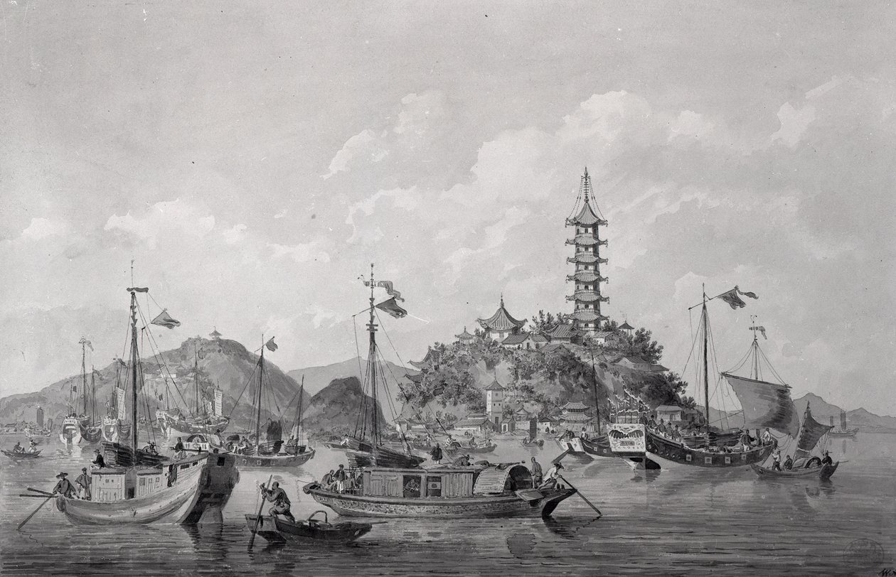 Udsigt over Golden Mountain Island i den blå flod, Kina, ca. 1794 (pen, blæk og vask) af William Alexander
