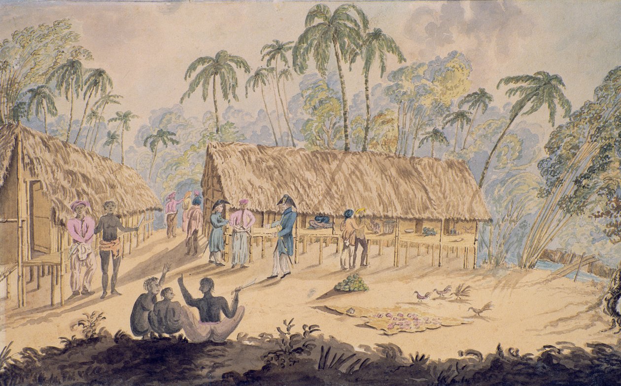 Byen Acheen, Sumatras nordvestkyst, 1829 (wc på papir) af William Alexander Willis