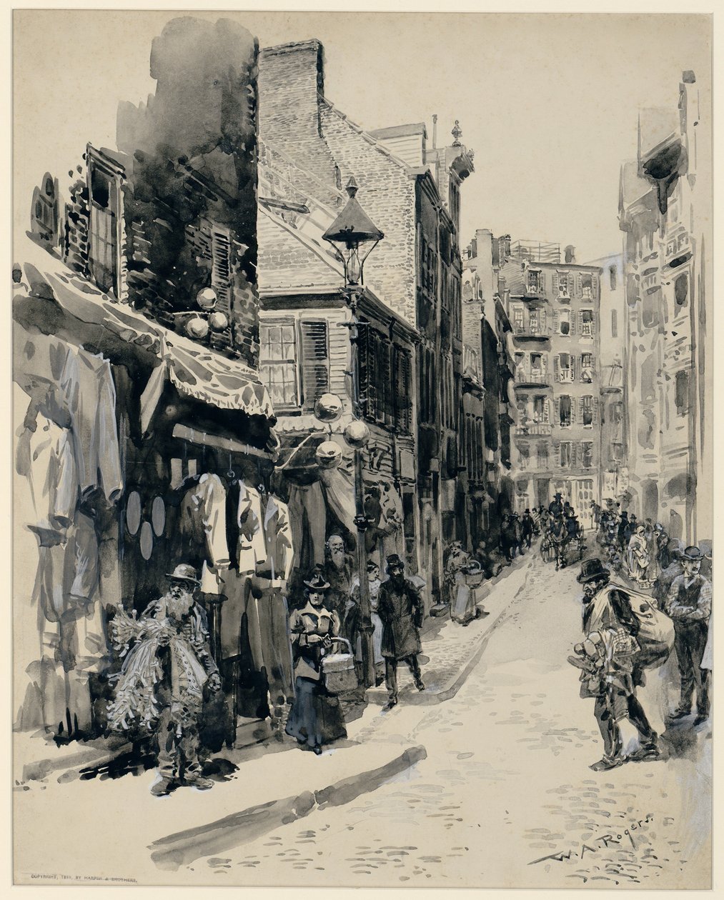 The Jewish Quarter, Boston, udgivet 1899 (pen og blæk og vask på papir) af William Allen Rogers