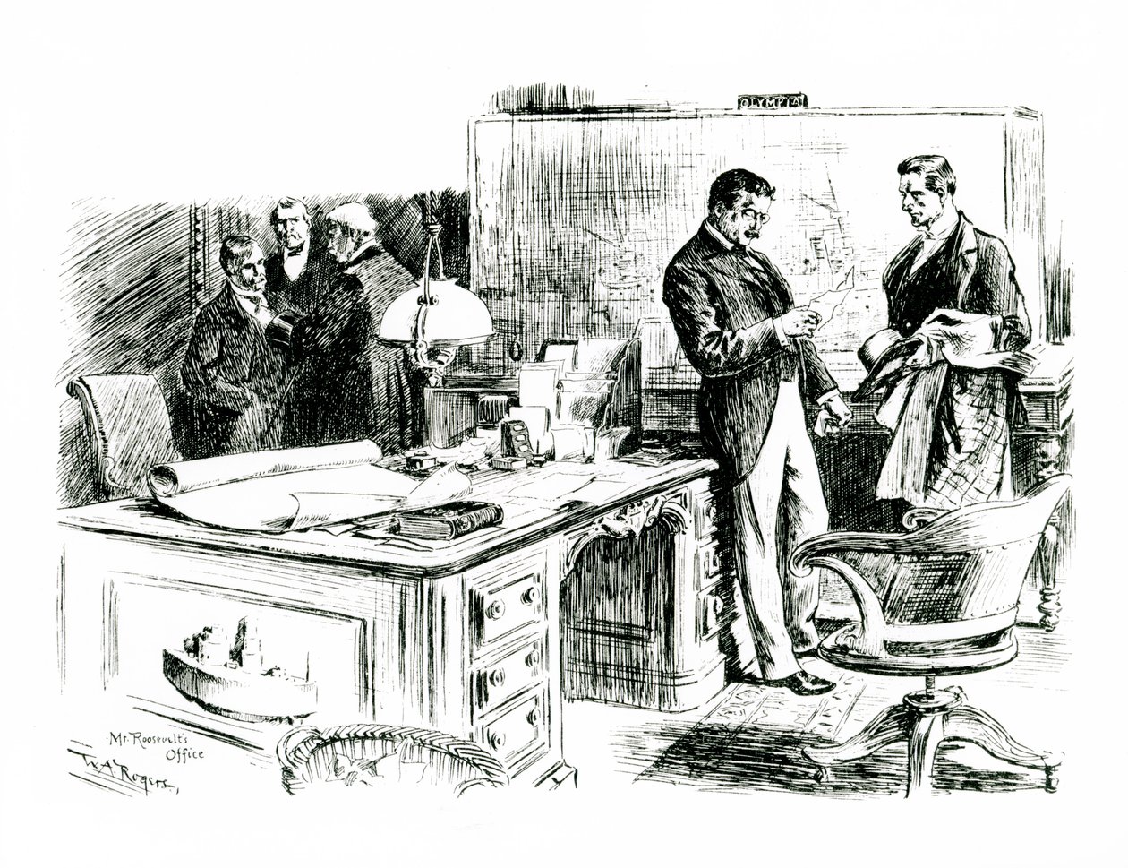 Senator Lodge og assisterende udenrigsminister i præsident Roosevelts kontor diskuterer invasion af de filippinske øer, 1898 af William Allen after Rogers