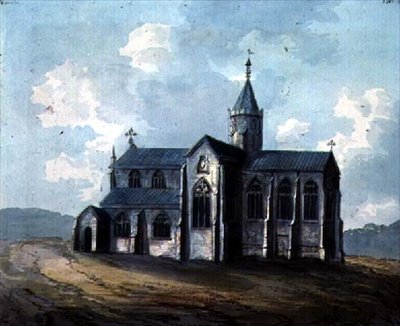 En kirke med et rundt tårn af William Anderson