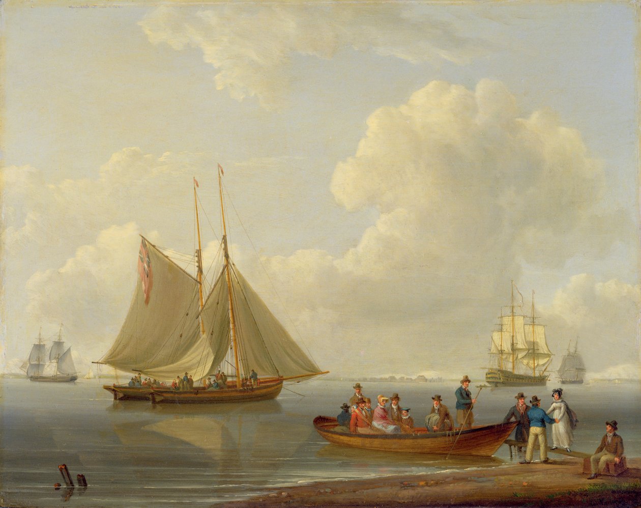 A Wherry tager passagerer ud til to forankrede pakker, 1825 af William Anderson