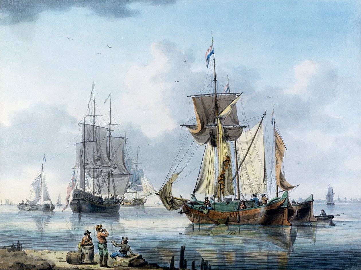 Skibsfart i en flodmunding, muligvis den nedre del af Themsen, af William Anderson