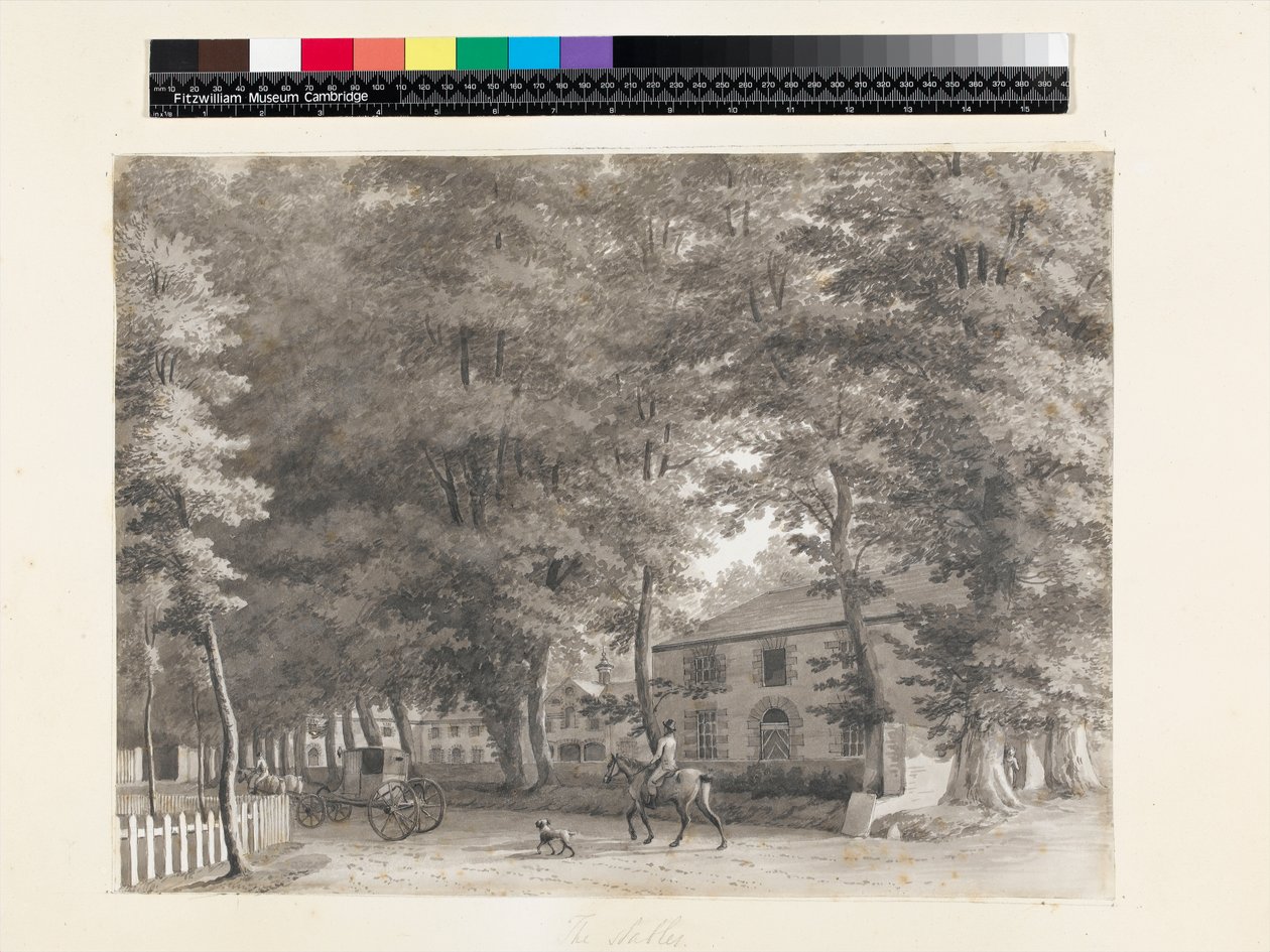 No.3933.f8 Udsigt over staldene på Lord Fitzwilliams Mount Merrion ejendom, nær Dublin, 1806, (blæk og vask) af William Ashford