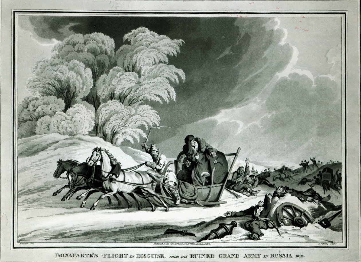 Napoleon i forklædning under tilbagetoget fra Rusland i 1812 (akvatinte) af William Atkinson