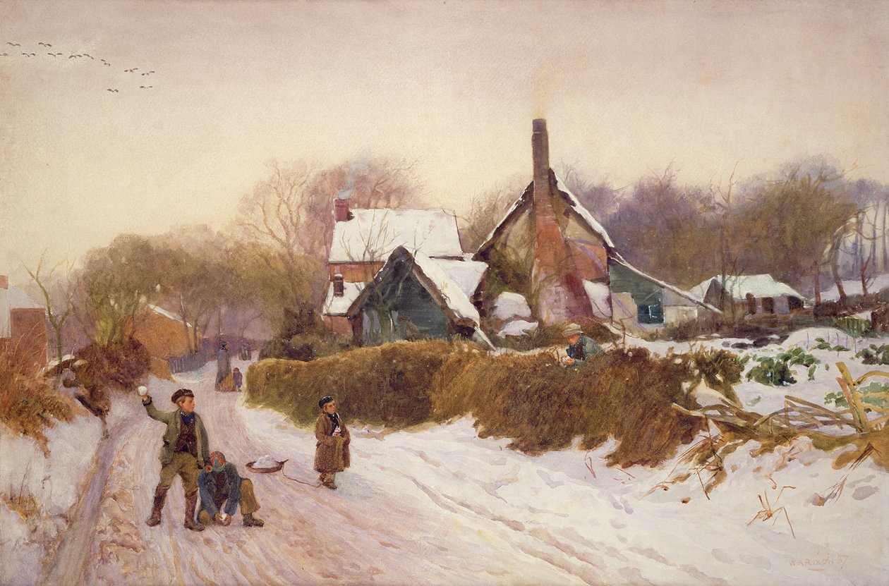 Boys Snowballing at Cookham Dean, 1887 (wc på papir) af William Augustus Rixon