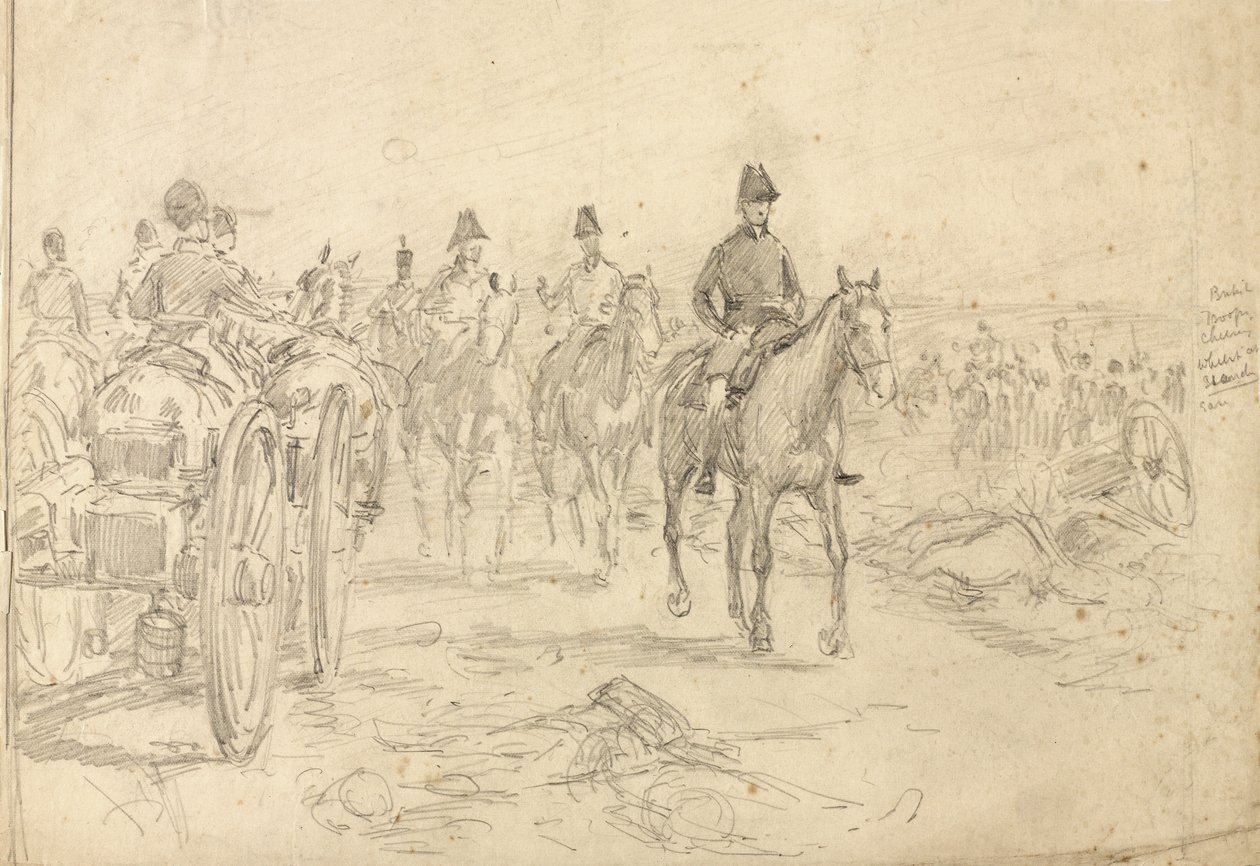 Britiske tropper jubler, mens de står i ro, 1815, ca. 1890 af William Barnes Wollen