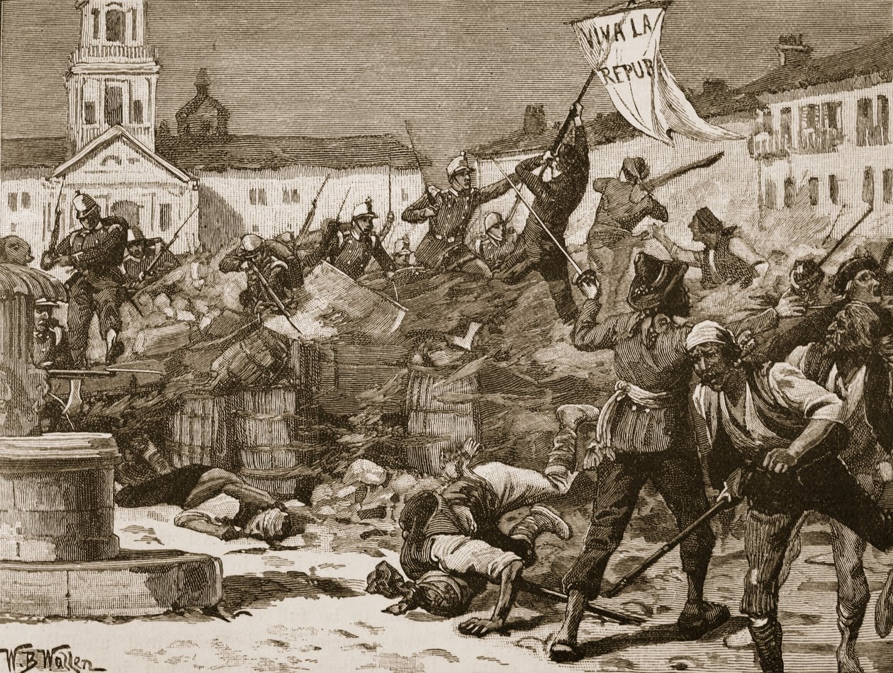Street Fighting in Malaga, 1869, illustration fra 