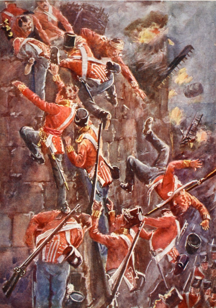 Den 5. division stormer ved eskalade San Vincentes volde, illustration fra "Battles of the Nineteenth Century" af Archibald Forbes, G.A. Henty og major Arthur Griffiths af William Barnes Wollen