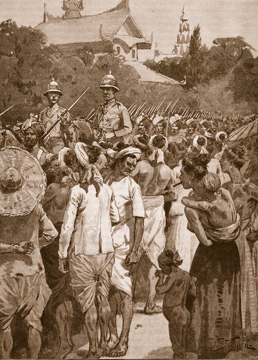 De britiske styrker går ind i Mandalay, 1885, illustration fra 