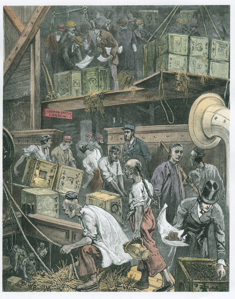 Bryde bulk om bord på et teskib i London Docks (senere farvning) af William Bazett Murray