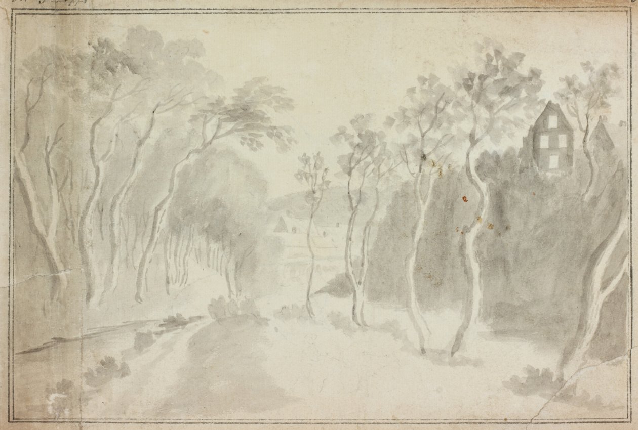 Landevej med landsby (akvarel (vask) på papir) af William Beilby