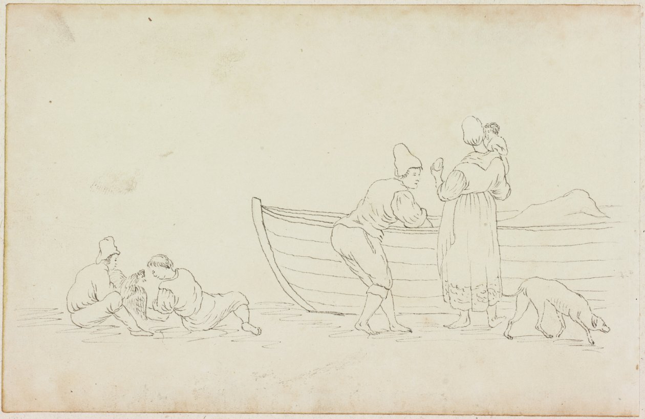 Figurer og hund med båd (blæk på papir (på papir med M747)) af William Beilby