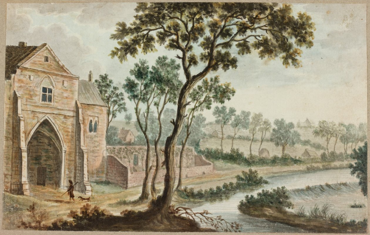Landskab med kirkebygninger af William Beilby